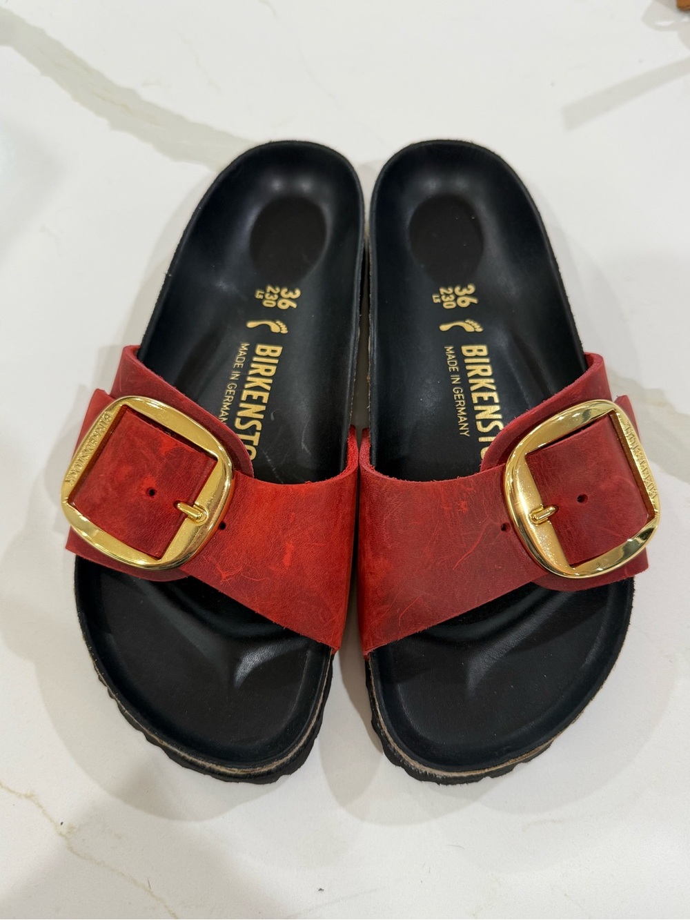 Birkenstock MADRID BIG BUCKLE Fire Red Waxy Leather Sandals 36 or US 5.5/6